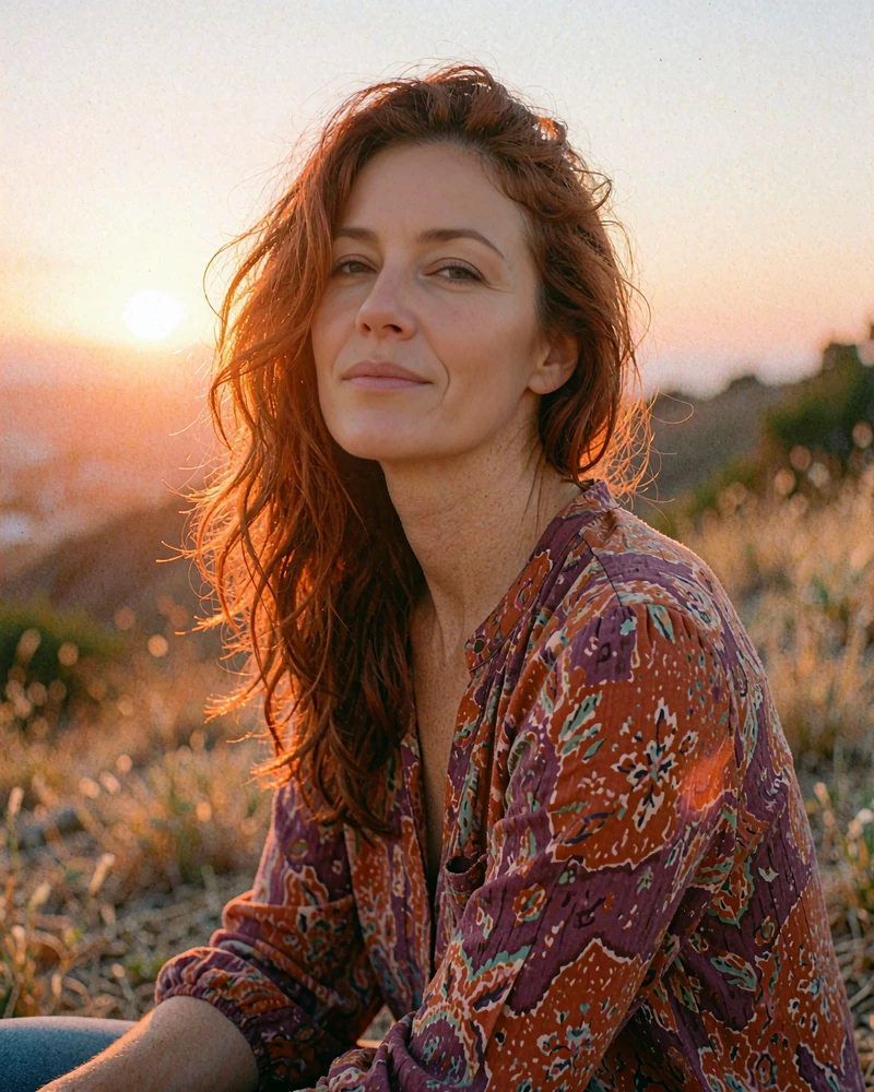 Auburn-haired woman in a rust and plum patterned blouse at sunset, verified-feel MatureSearch profile to meet women near me