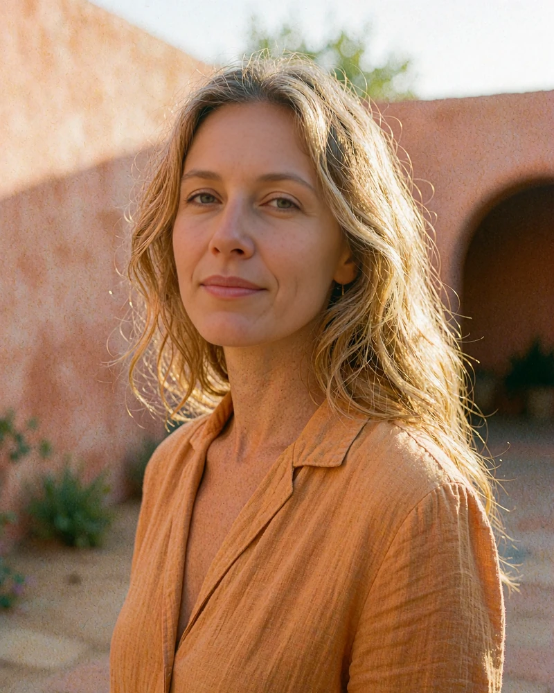 Woman with long wavy sun-lightened hair in an amber blouse by a stucco archway, MatureSearch profile for local dating near you