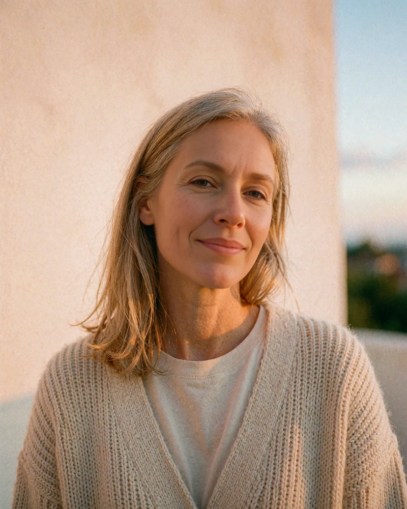 Ash-blonde woman in a cream knit cardigan smiling softly in warm light, MatureSearch local dating app profile card