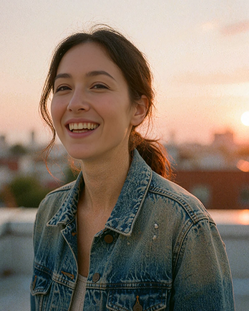 Dark-haired woman laughing in a faded denim jacket on a rooftop at sunset, single woman near me on MatureSearch