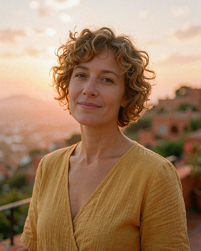 Smiling woman with short curly honey-brown hair in a mustard wrap top, a MatureSearch member looking to meet single people near me